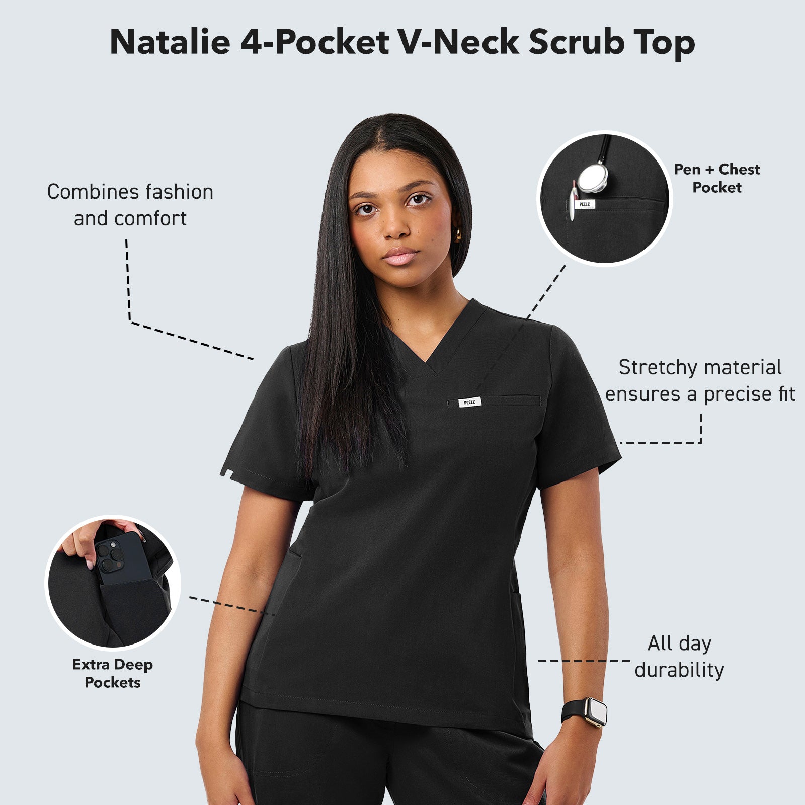 Natalie V-Neck 4-Pocket Women's Scrub Top | Peelz Scrubs